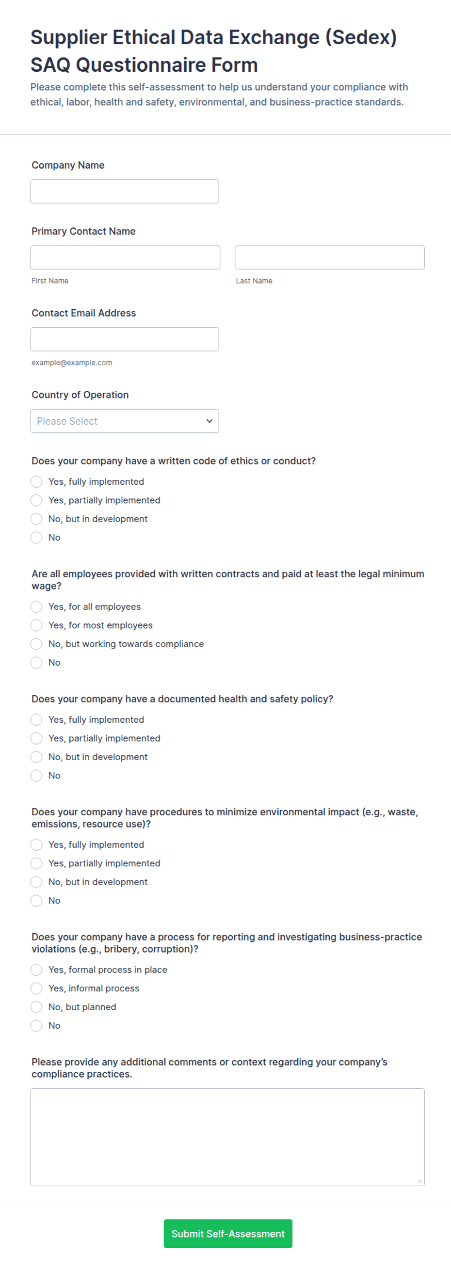 Saq Questionnaire.pdf Supplier Ethical Data Exchange (Sedex) SAQ Questionnaire Form Template ...