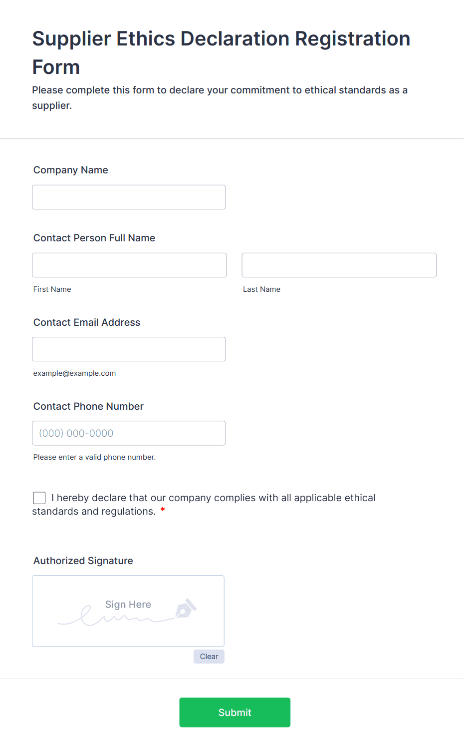 Supplier Ethics Declaration Registration Form Template | Jotform