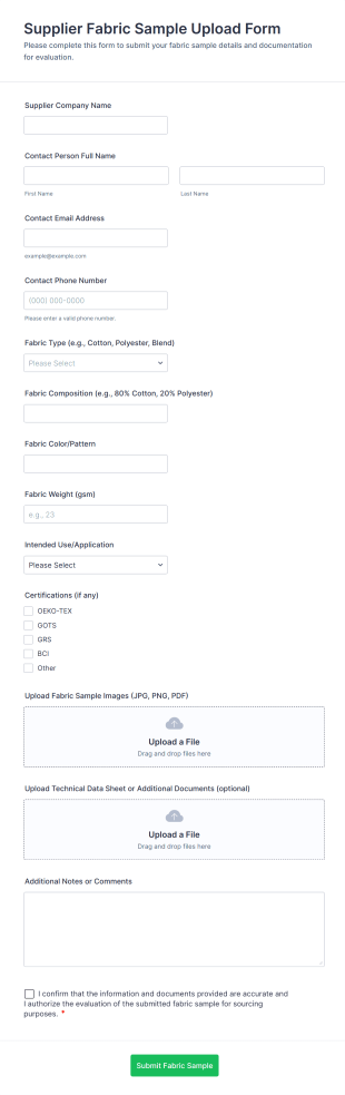 Supplier Fabric Sample Upload Form Template