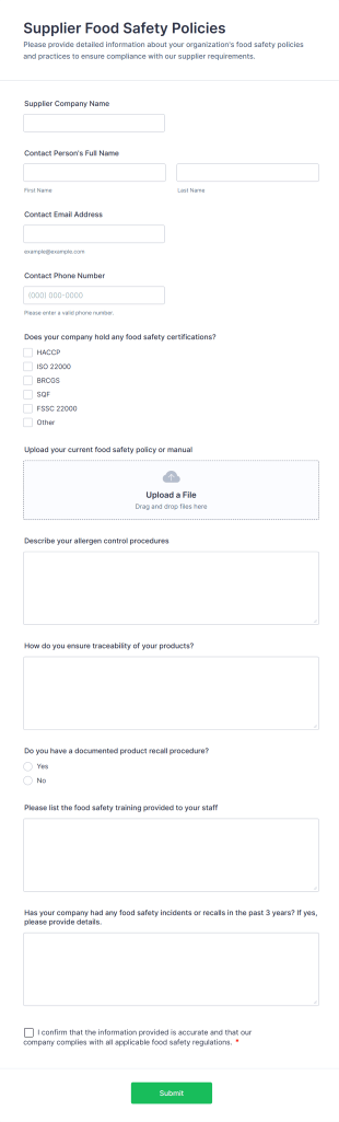 Supplier Food Safety Policies Form Template