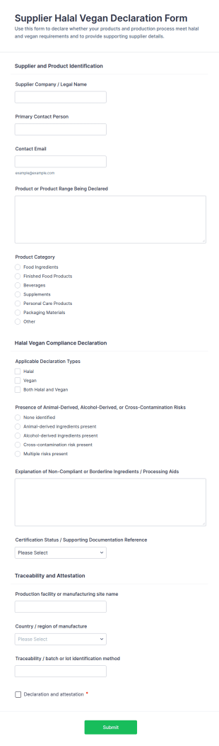 Supplier Halal Vegan Declaration Form Template