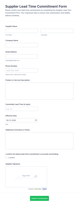Supplier Lead Time Commitment Form Template