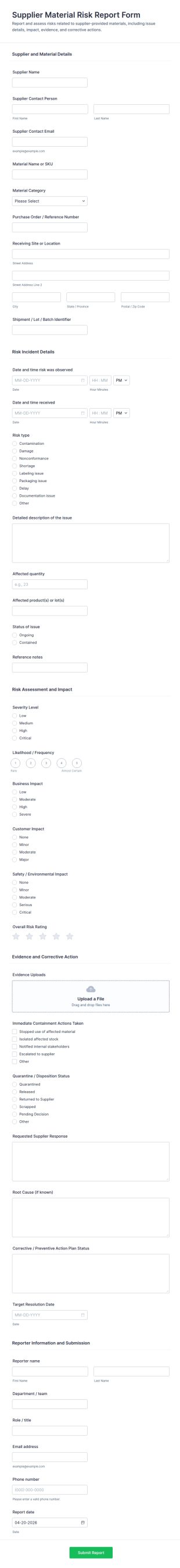 Supplier Material Risk Report Form Template