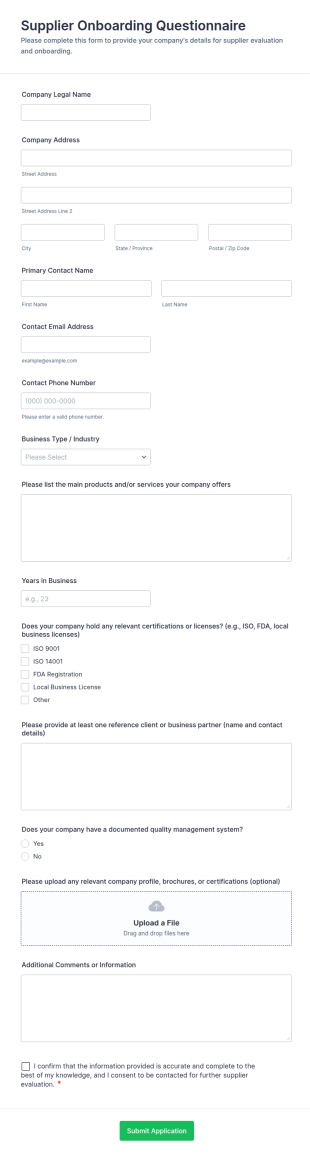 Supplier Onboarding Questionnaire Form Template