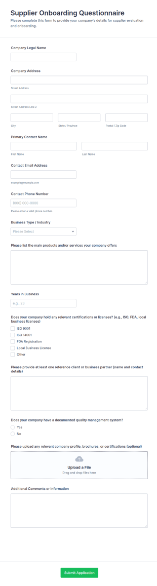Supplier Onboarding Questionnaire Form Template