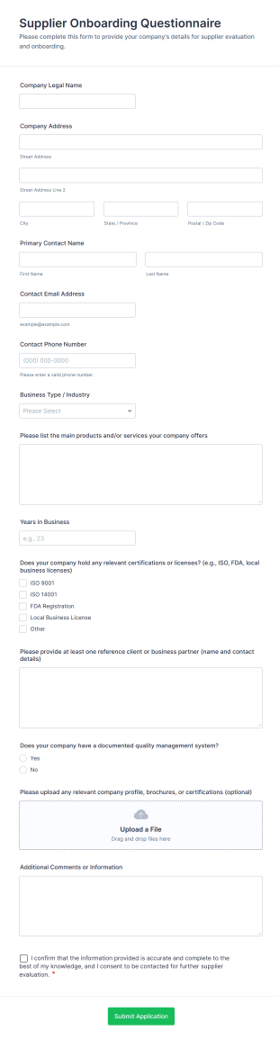 Supplier Onboarding Questionnaire Form Template