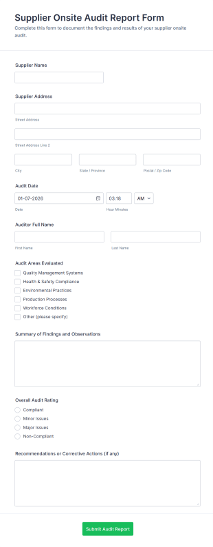 Supplier Onsite Audit Report Form Template