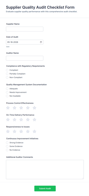 Supplier Quality Audit Checklist Form Template