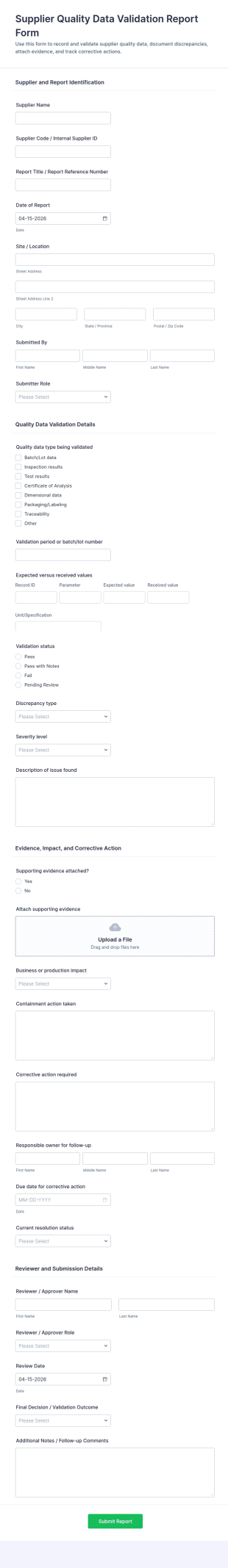 Supplier Quality Data Validation Report Form Template