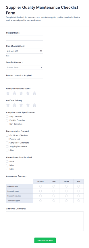 Supplier Quality Maintenance Checklist Form Template