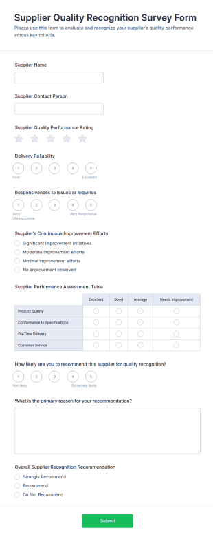Supplier Quality Recognition Survey Form Template