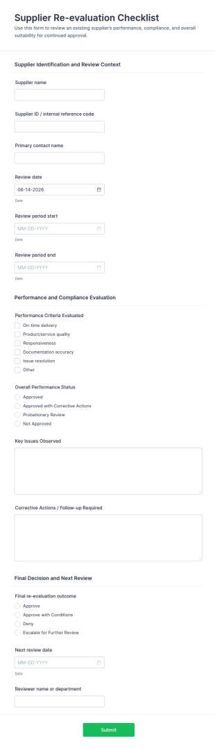 Supplier Re Evaluation Checklist Form Template
