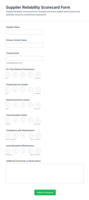 Supplier Reliability Scorecard Form Template