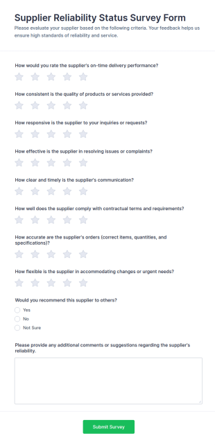 Supplier Reliability Status Survey Form Template