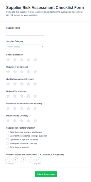 Supplier Risk Assessment Checklist Form Template