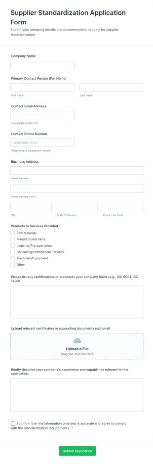 Supplier Standardization Application Form Template