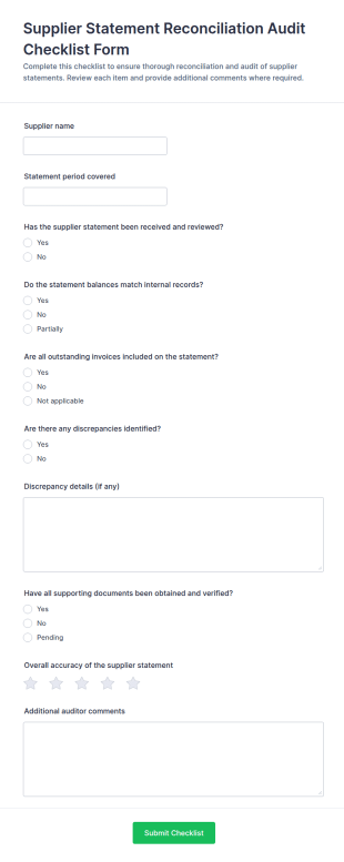 Supplier Statement Reconciliation Audit Checklist Form Template