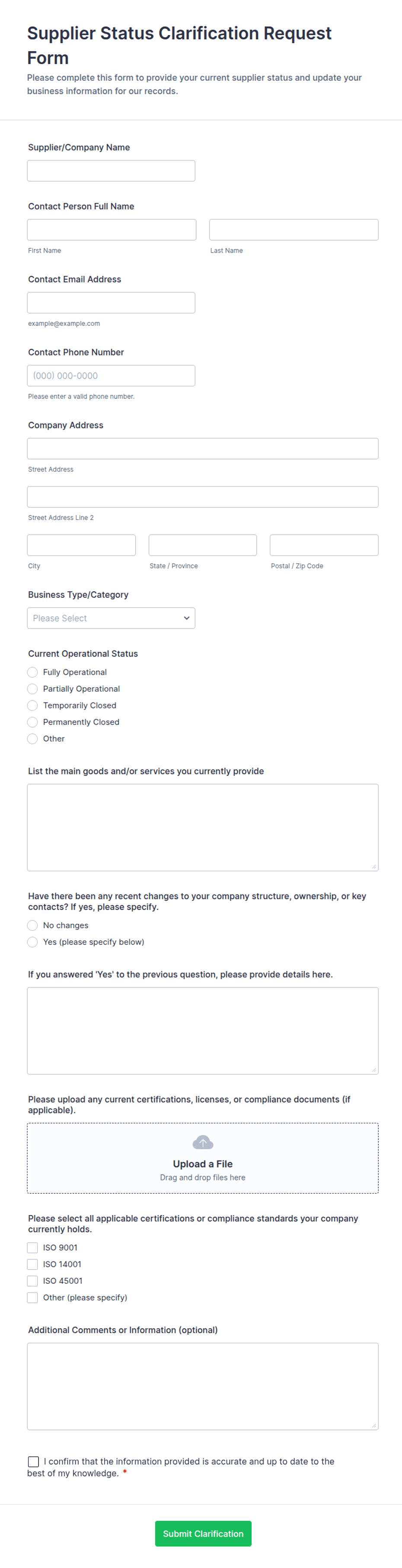 Supplier Status Clarification Request Form Template | Jotform