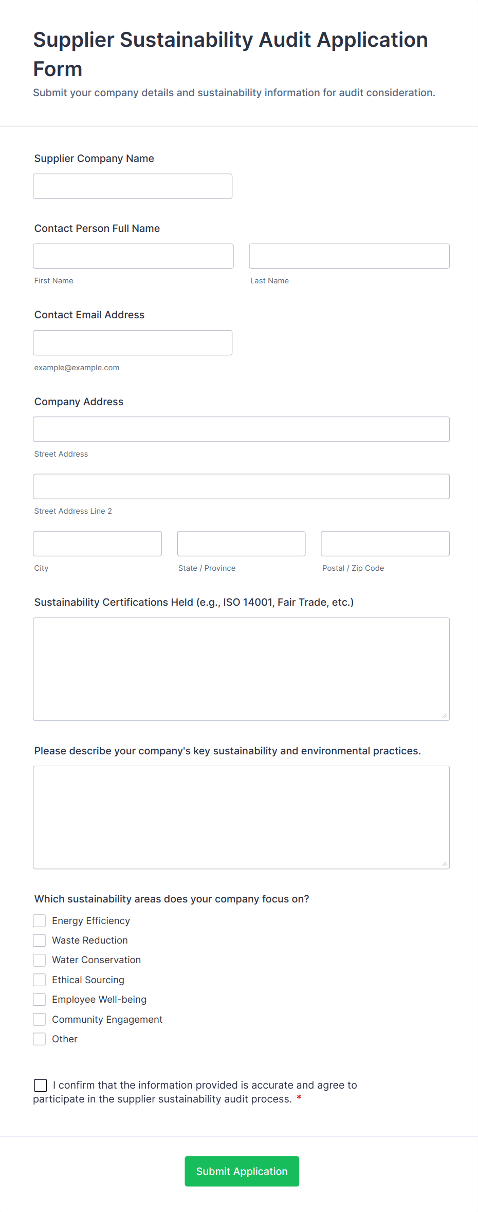 Supplier Sustainability Audit Application Form Template | Jotform