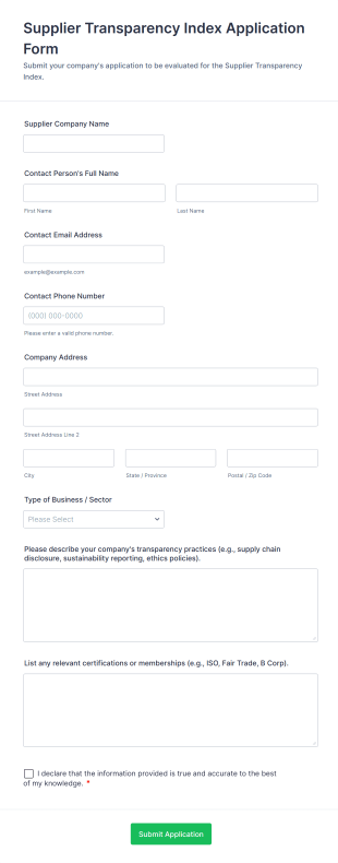 Supplier Transparency Index Application Form Template