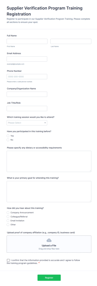 Supplier Verification Program Training Registration Form Template