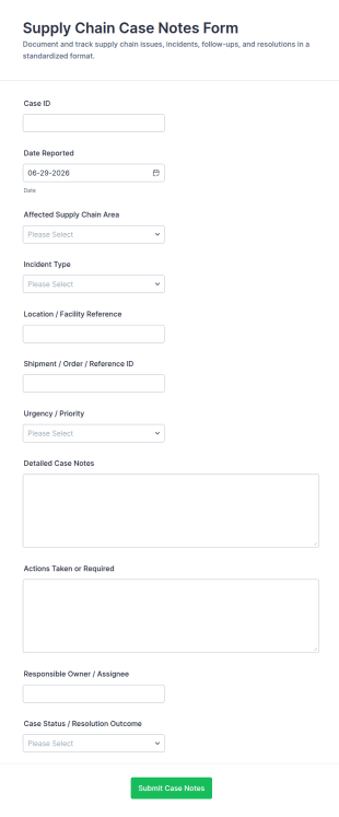 Supply Chain Case Notes Form Template