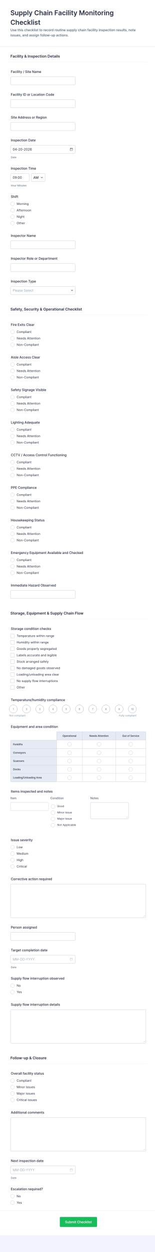 Supply Chain Facility Monitoring Checklist Form Template