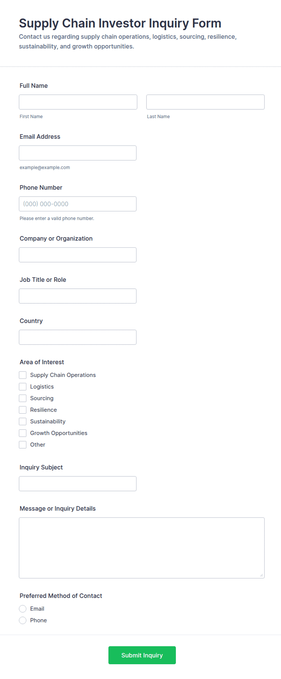 Supply Chain Investor Inquiry Contact Form Template | Jotform