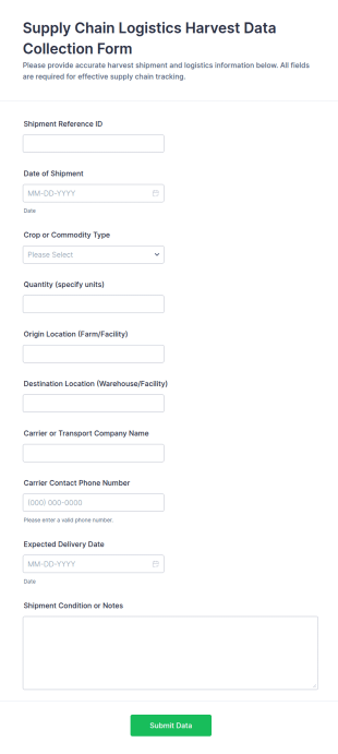 Supply Chain Logistics Harvest Data Collection Form Template