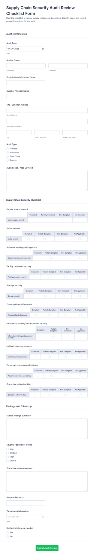 Supply Chain Security Audit Review Checklist Form Template