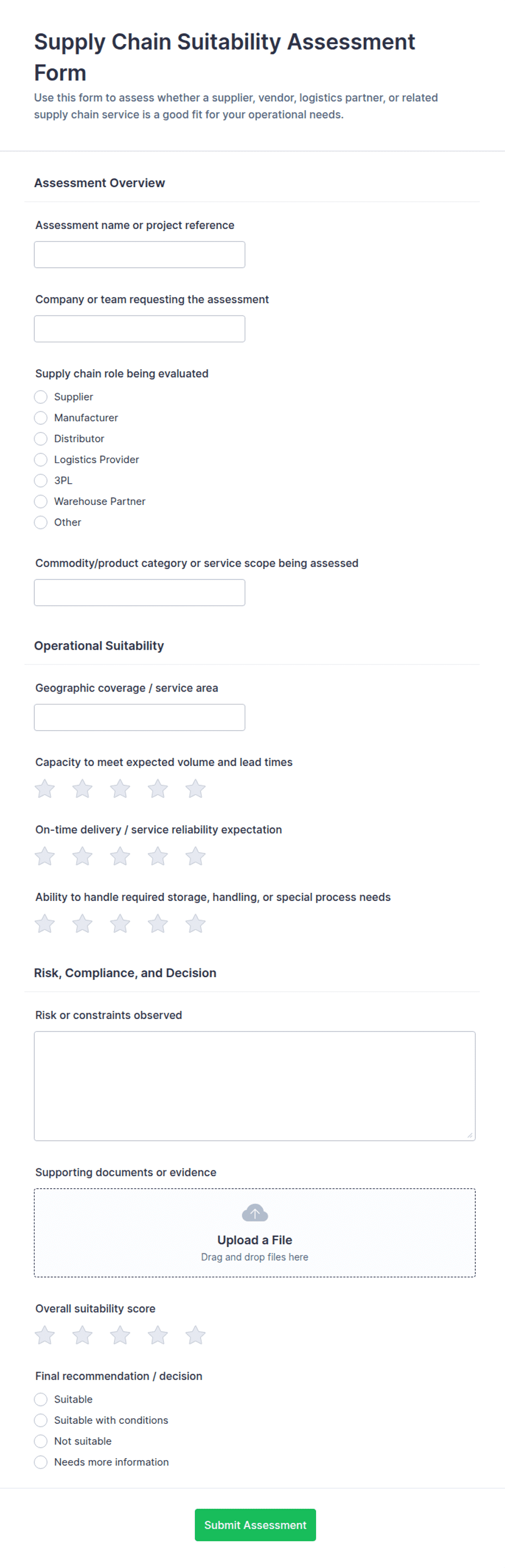 Supply Chain Suitability Assessment Form Template | Jotform