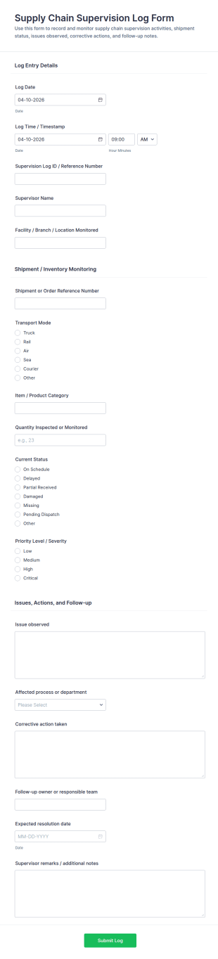 Supply Chain Supervision Log Form Template