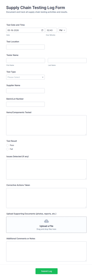 Supply Chain Testing Log Form Template