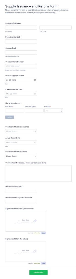 Supply Issuance And Return Form Template