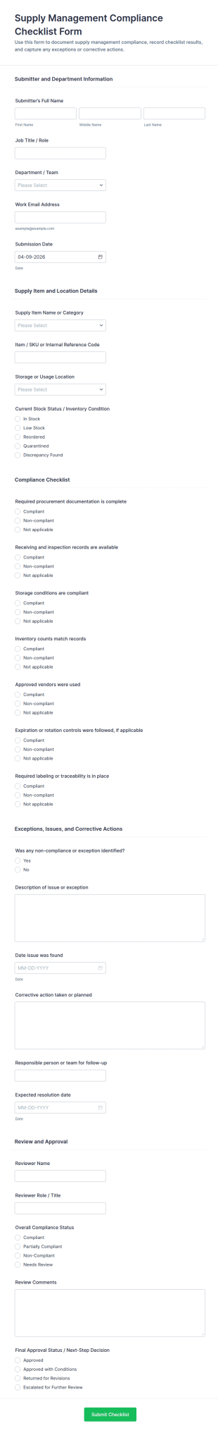 Supply Management Compliance Checklist Form Template
