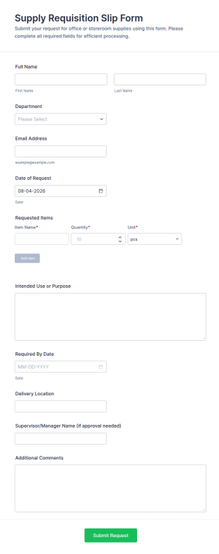 Supply Requisition Slip Form Template