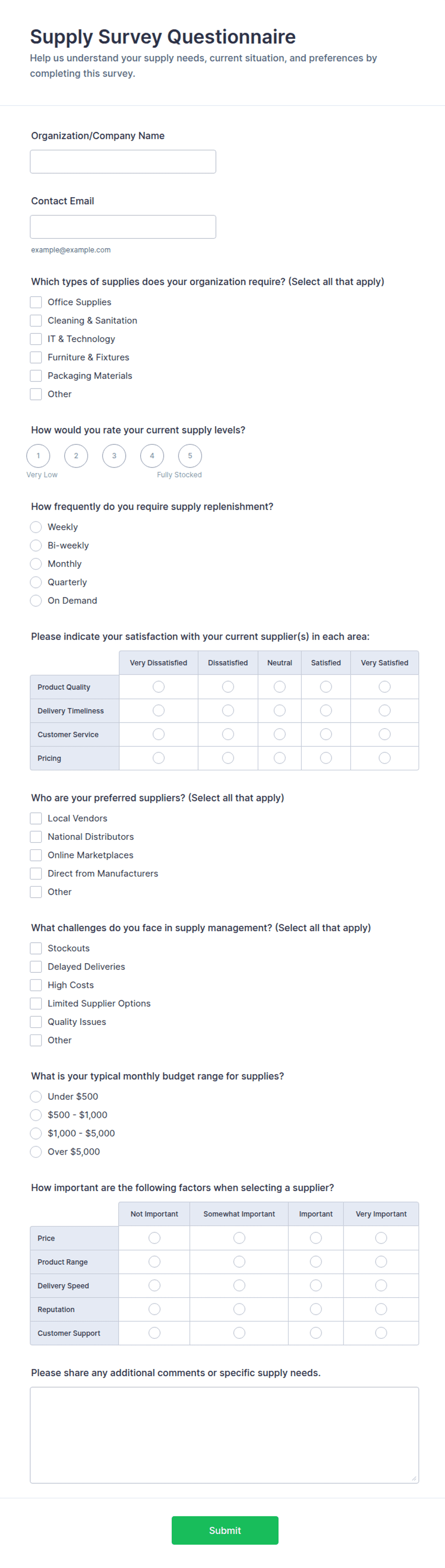 Supply Survey Questionnaire Form Template | Jotform