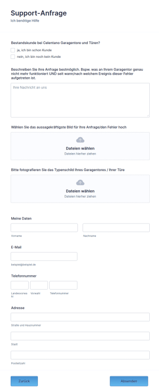 Support Anfrage Formular