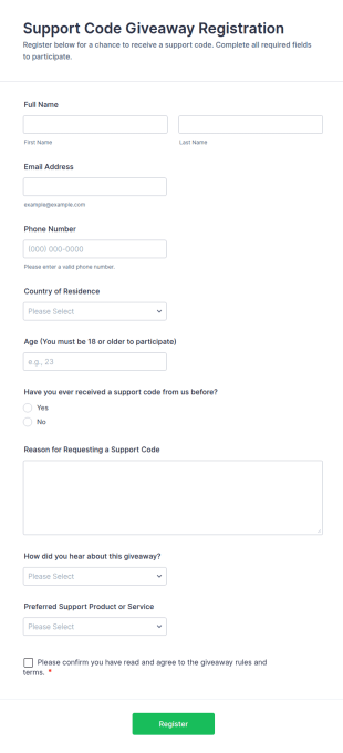 Support Code Giveaway Registration Form Template