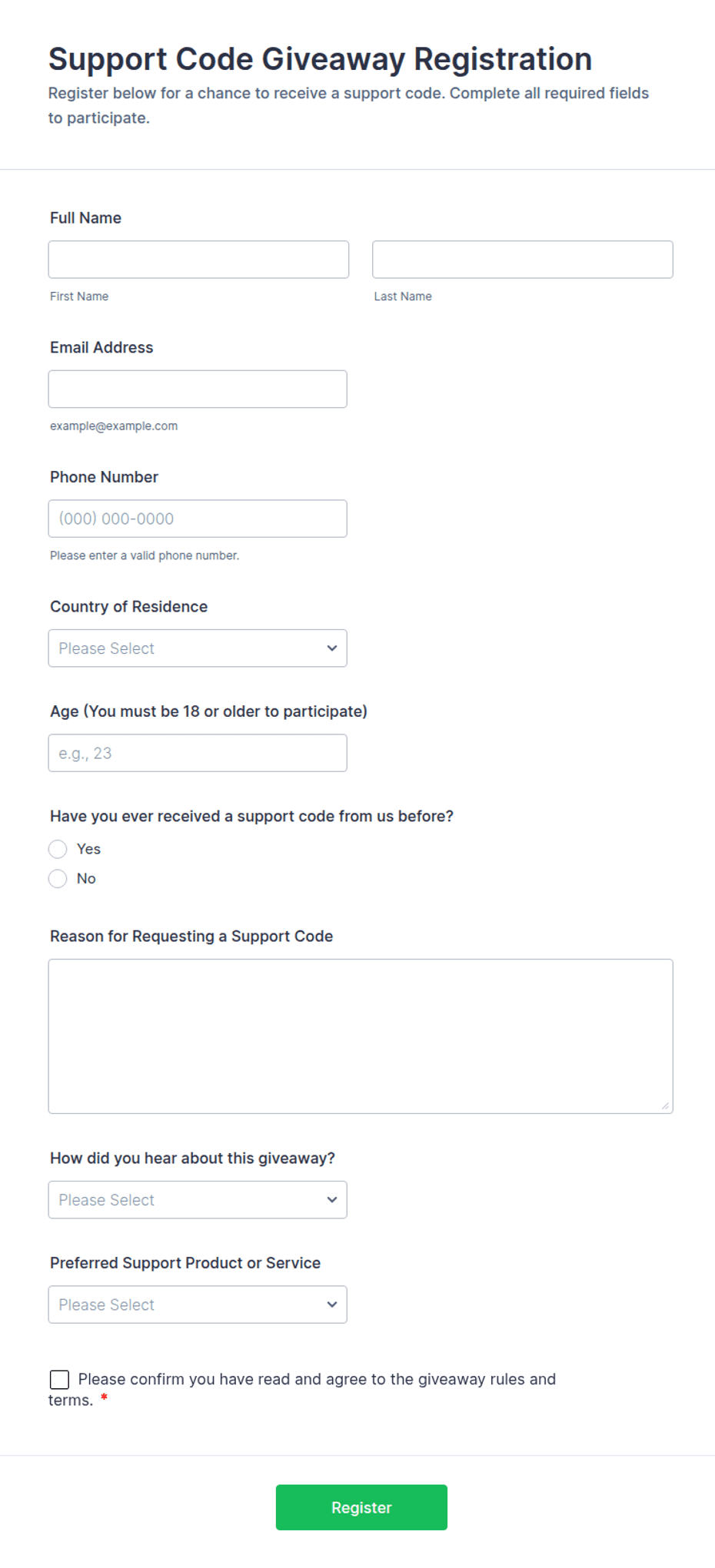 Support Code Giveaway Registration Form Template | Jotform
