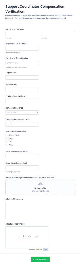 Support Coordinator Compensation Verification Form Template