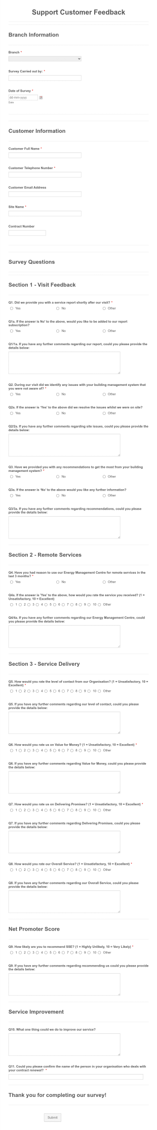 Support Customer Feedback Survey Form Template