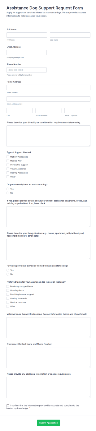 Assistance Dog Support Request Form Template