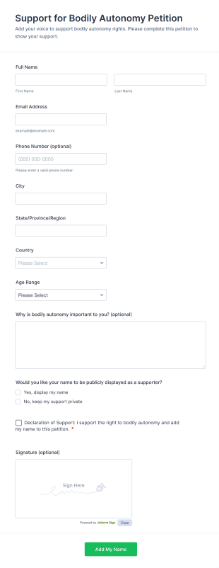 Support For Bodily Autonomy Petition Form Template