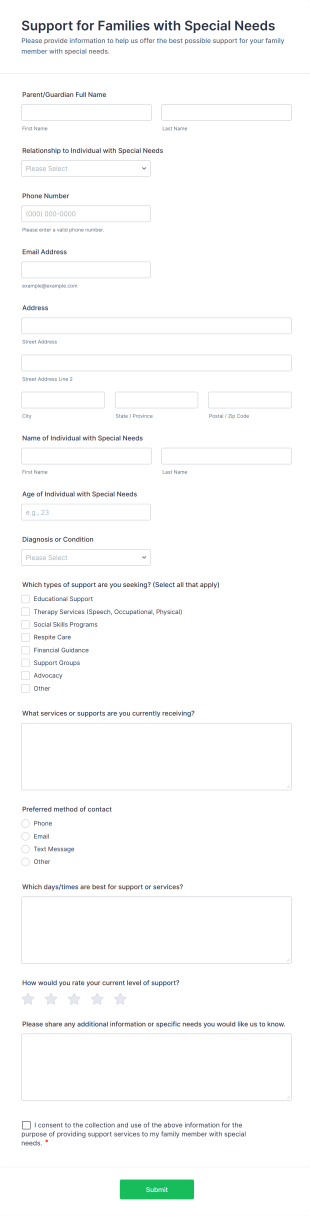 Support For Families With Special Needs Form Template