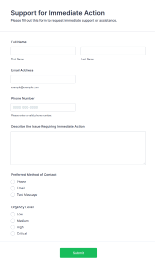 Support For Immediate Action Form Template