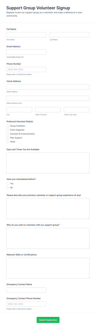 Support Group Volunteer Signup Form Template