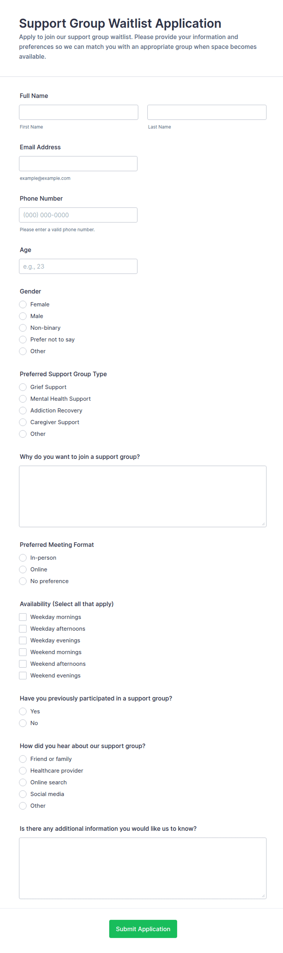 Support Group Waitlist Application Form Template | Jotform