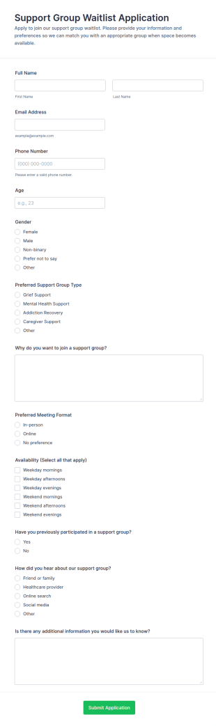 Support Group Waitlist Application Form Template