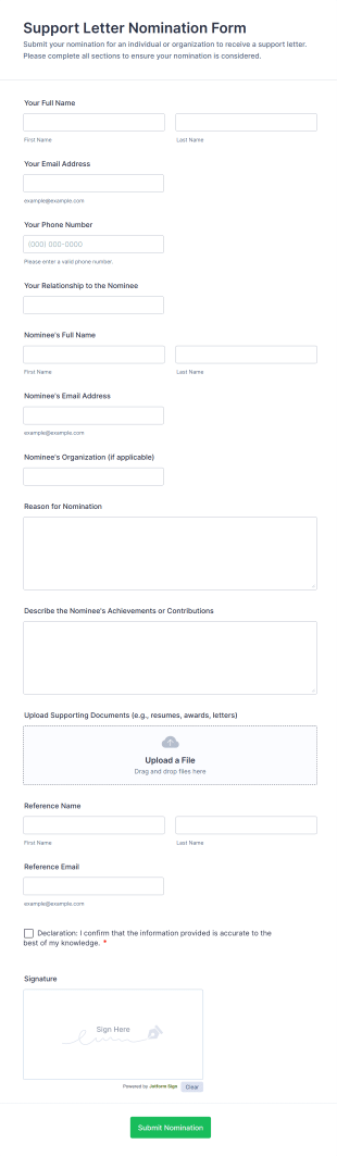 Support Letter Nomination Form Template